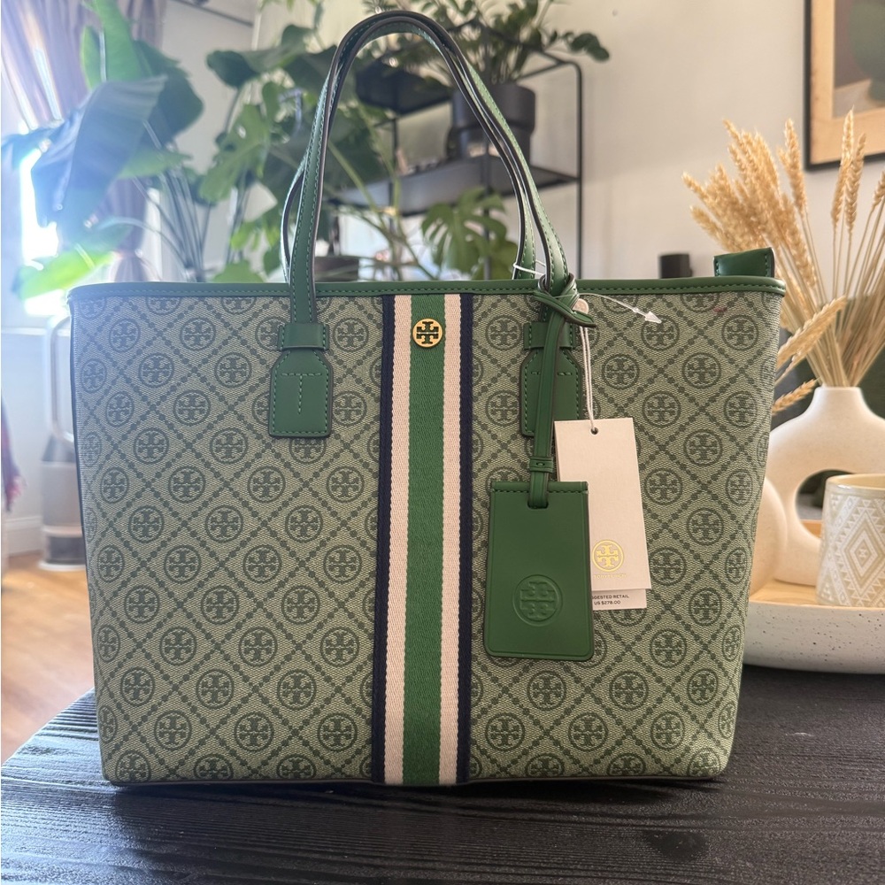 Tory Burch Green Monogram Tote with Stripe
